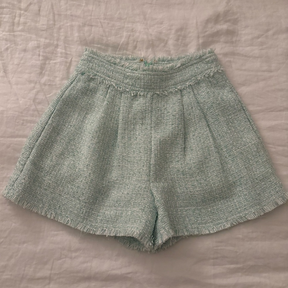 Aje Light Green Tweed High Waist Shorts